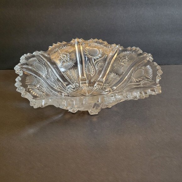 Vintage Higbee Pressed Glass Serving Bowl With Floral Thistle Pattern & Scallope - Picture 2 of 11